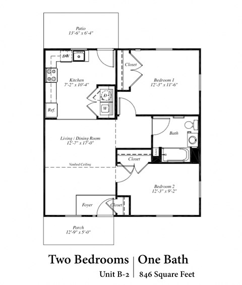 Floor plan for 2 beds, 2 baths, 843 sqft